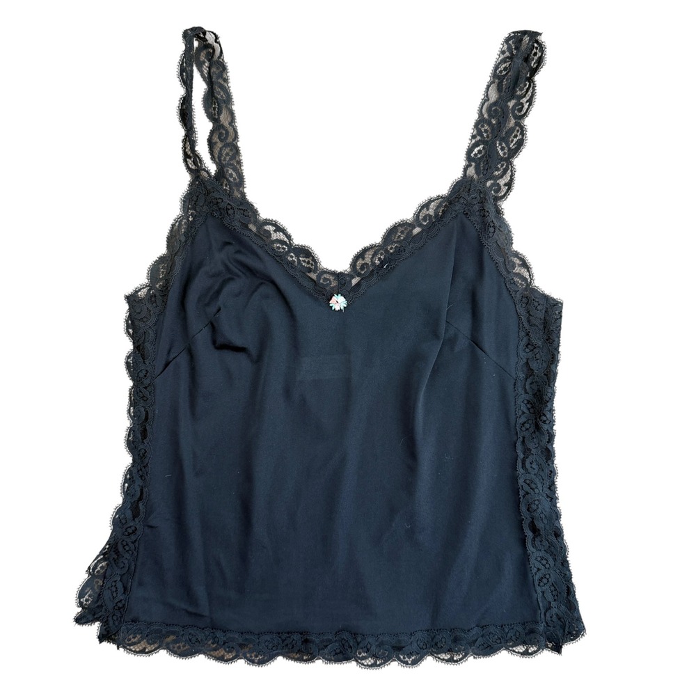 Olga Lace Trim Cami Style 929 V-Neck Tank Top Size 32 Black coquette 70s vintage